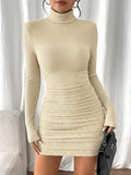 Women's Ribbed Knit Turtleneck Long Sleeve Bodycon Mini Dress