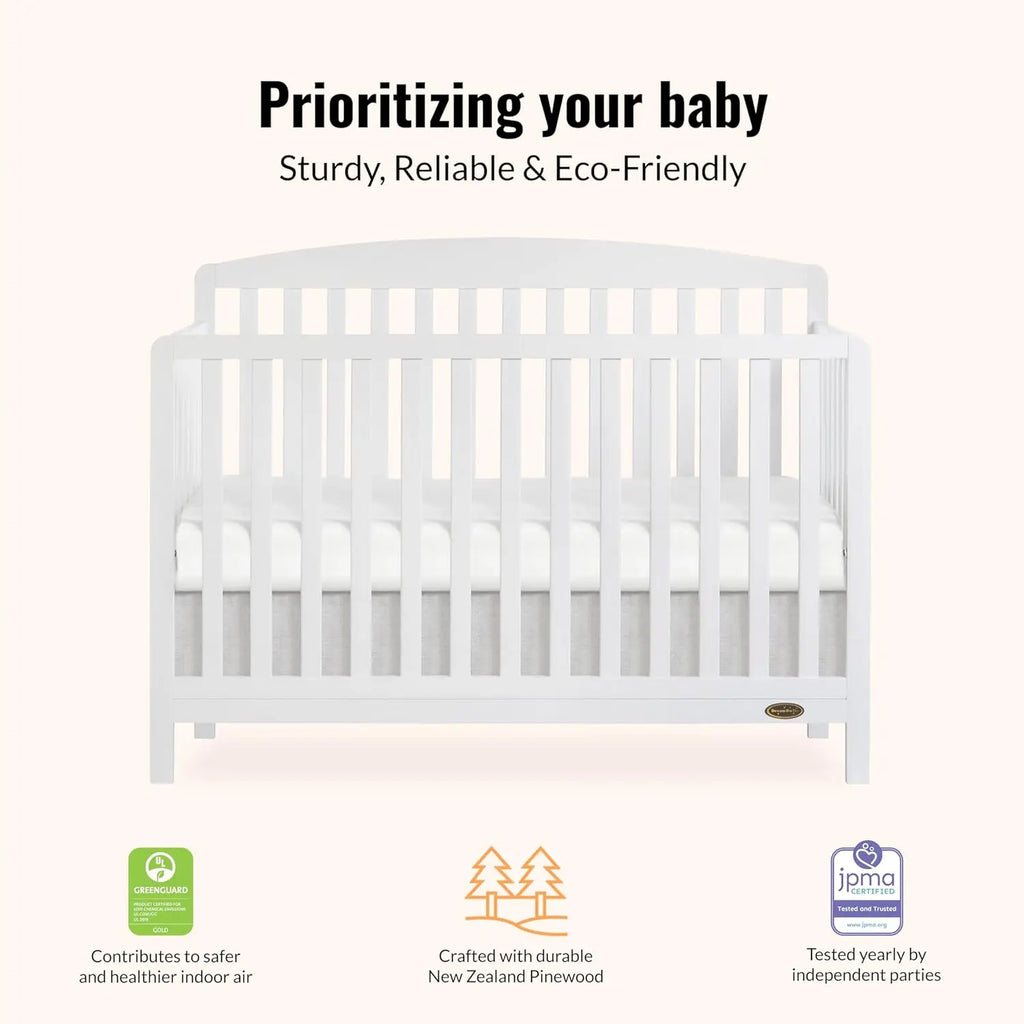 5-in-1 Convertible Full-Size Baby Crib in White, Converts to Toddler & Bed, Sustainable Pinewood, Adjustable Mattress