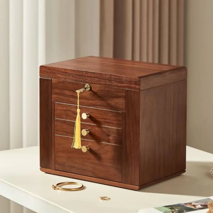 Black Walnut Wooden Jewelry Box Wood Jewelry Organizer with 2 Side Doors Mirror Lockable Classical for Watch Necklace Ring Earr