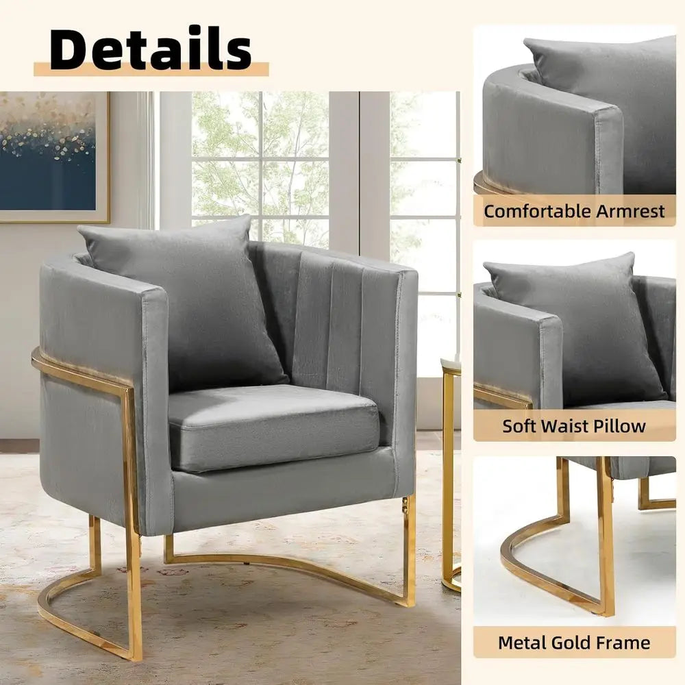 Mid-Century Modern Accent Chairs Set of 2, Grey Upholstered Barrel Armchairs with Gold Metal Legs for Living Room & Bedroom Comf