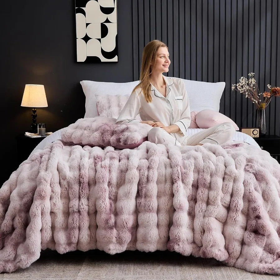 King Size 3 Pieces Fluffy Faux Rabbit Fur Bubble Comforter Set in Tie-Dye Pink Purple Warm Soft Plush Fuzzy Winter Bedding Set