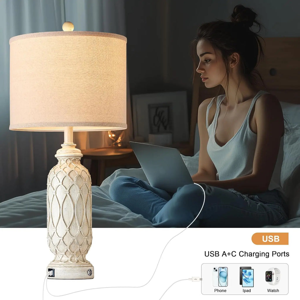 Farmhouse Table Lamps Set of 2 with USB Charging Ports, Touch Dimmable Control, Includes LED Bulbs