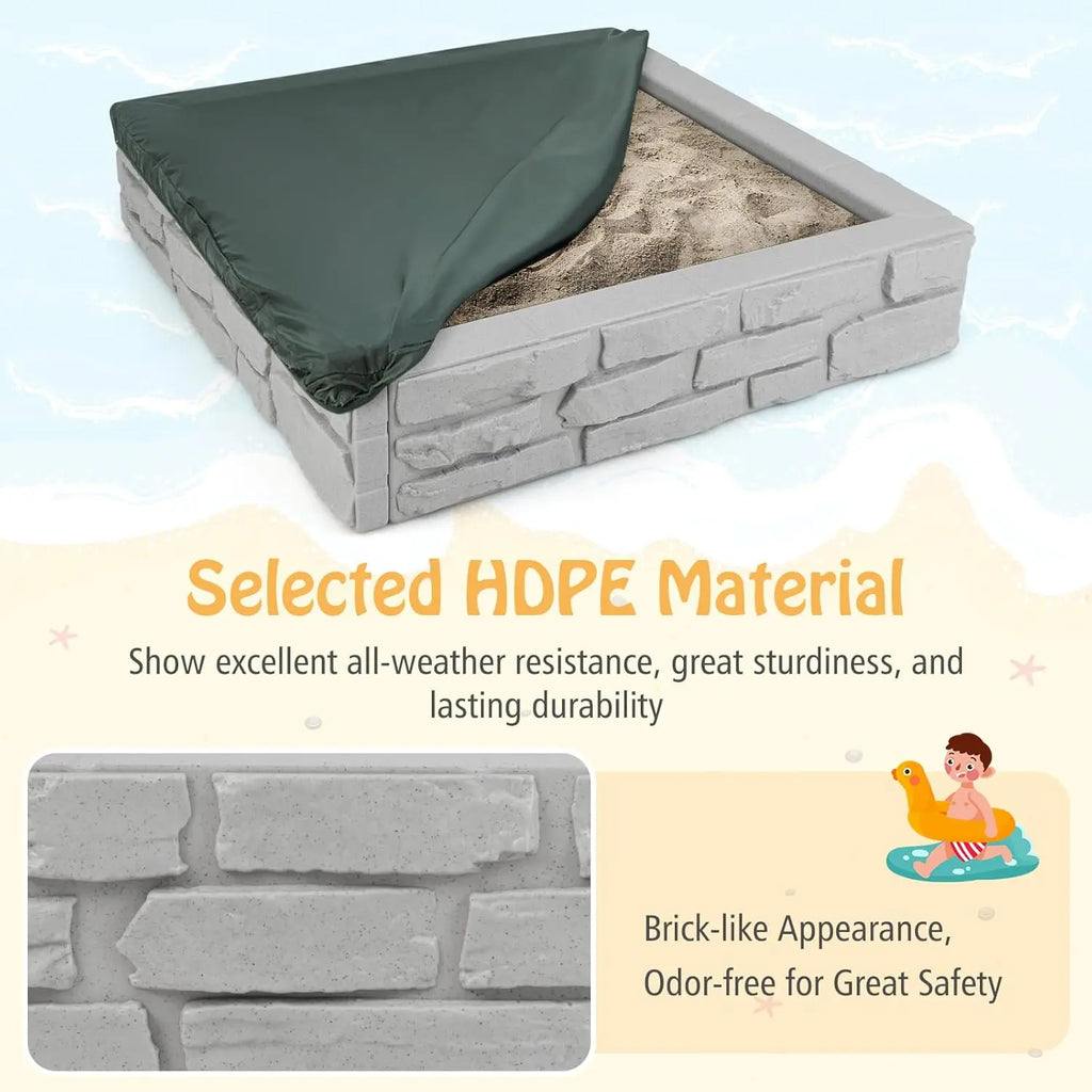 Sandbox with Cover, 47x47 Inch Square Sand Pit for Backyard, Bottom Drainage Oxford Liner, Playful All Weather Resistant Sa
