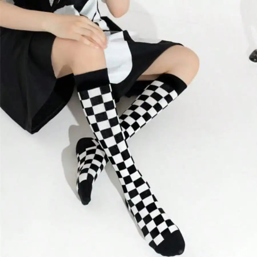 Black and White Checkered Knee High Socks for Women - Cotton Blend, Cute Knit Pattern, Athletic Style