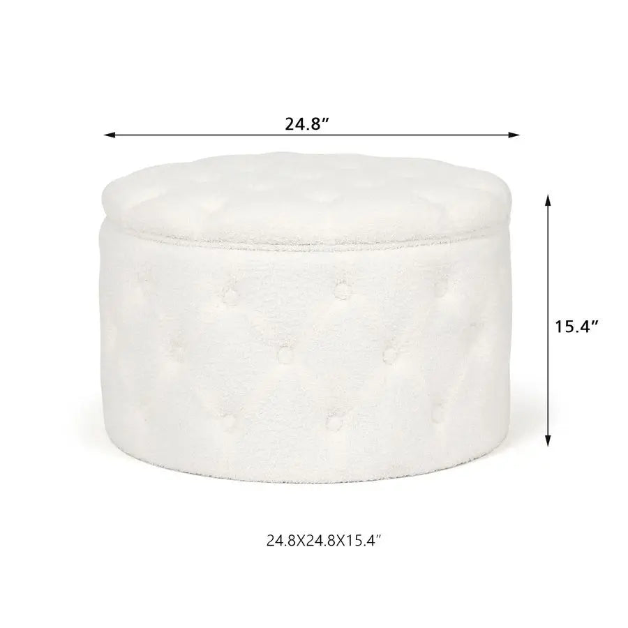 24.8 Round Faux Fur Storage Ottoman, Button Tufted Footrest Stool Coffee Table for Living Room, White