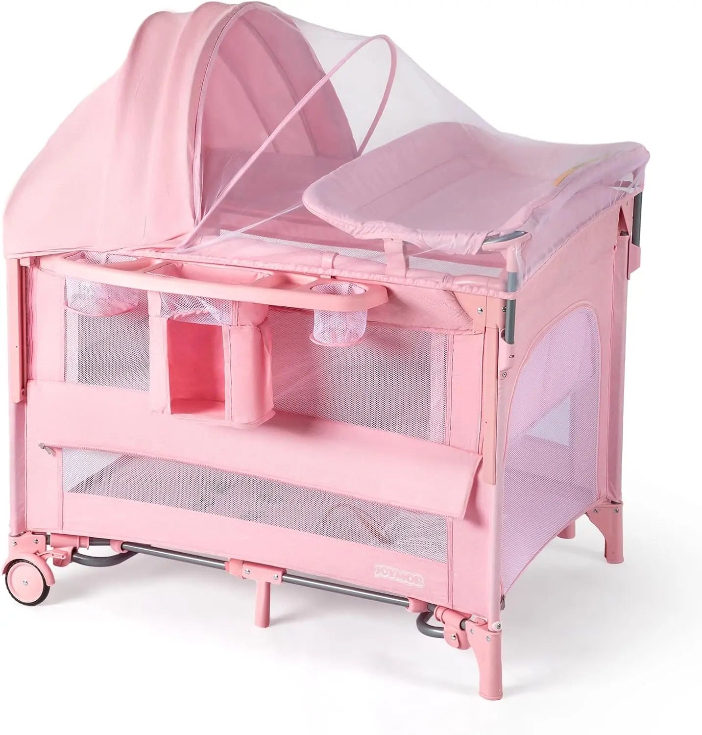 9-in-1 Convertible Baby Bassinet with Changing Table, Music Center, Mosquito Net & Storage - Pink