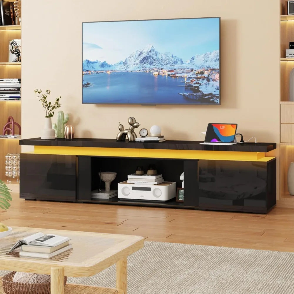 High Gloss Electric Fireplace TV Stand 40 Inch for 80 Inch TV 71 LED 2 Storage Cabinets Power Outlet Living Room Furniture