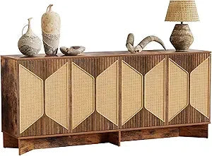 Large Modern Boho Rattan Buffet Sideboard Cabinet with Storage and Credenza