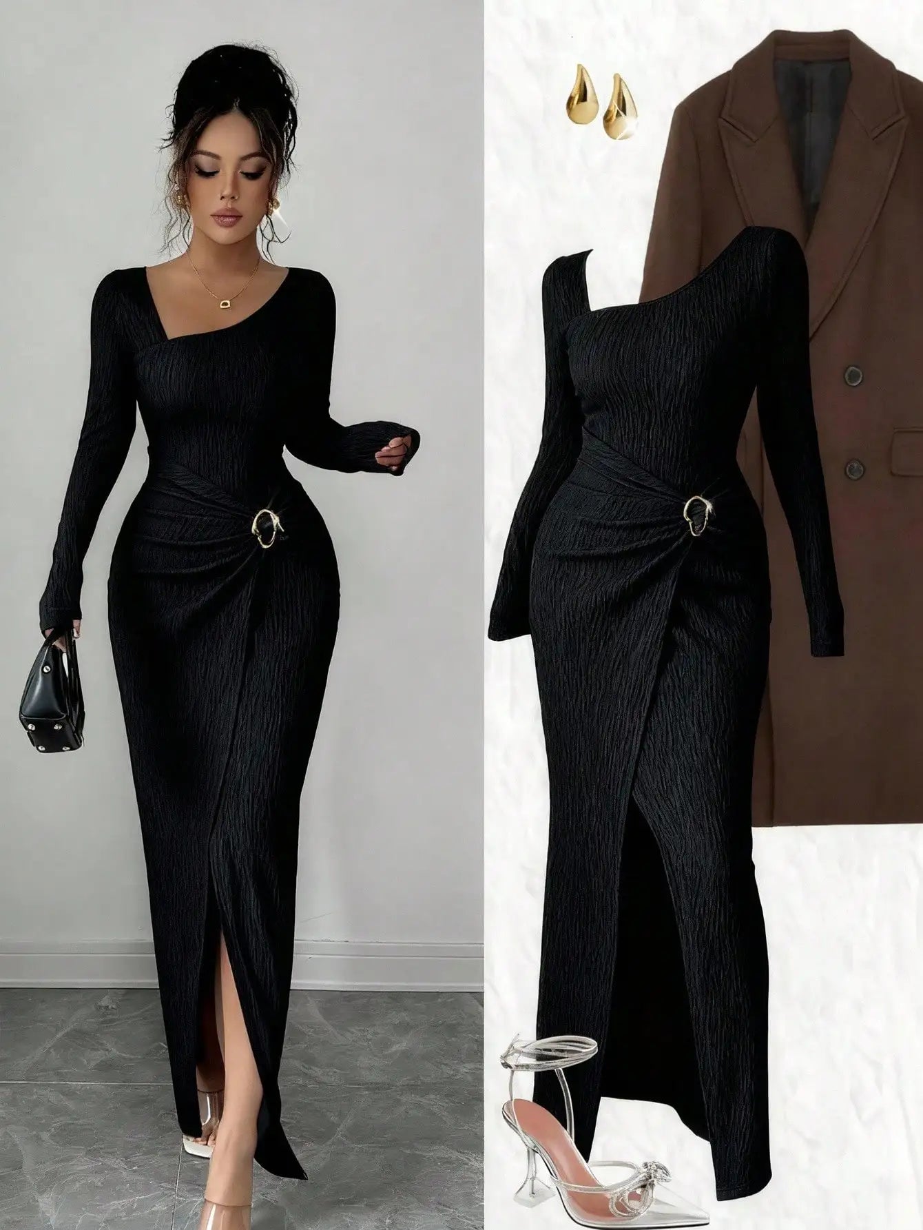 Women's Solid Color Fashion Solid Color Twisted Long Dress ,Asymmetrical -Neck Knitted Texture Tight Bodycon,