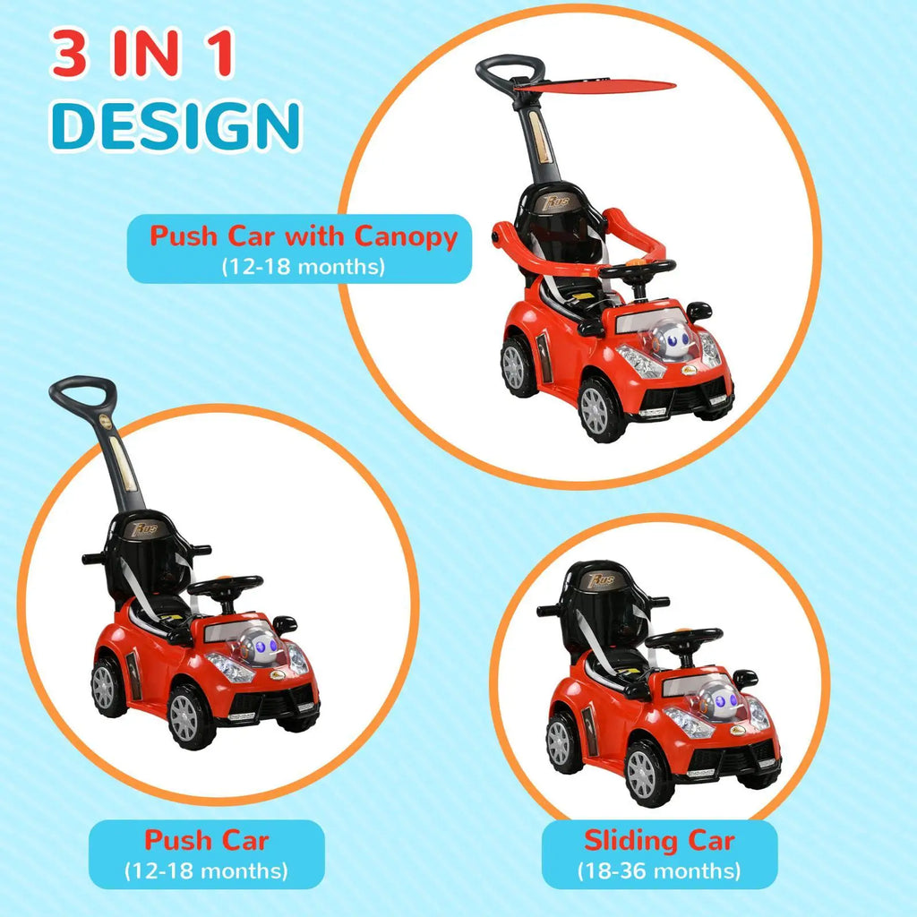3 in 1 Kids Push Car with Safety Fence Music Horn and Canopy Baby Ride on Toddler Sliding Car for Children Travel Outdoor Play