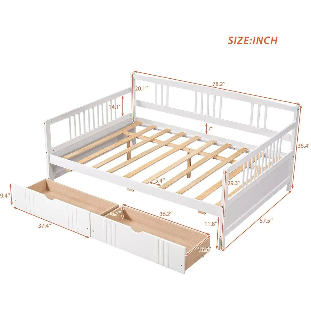 Merax Daybed Full Bed with Drawers, Wooden Slats Support Modern Living Daybed with Rails (White)