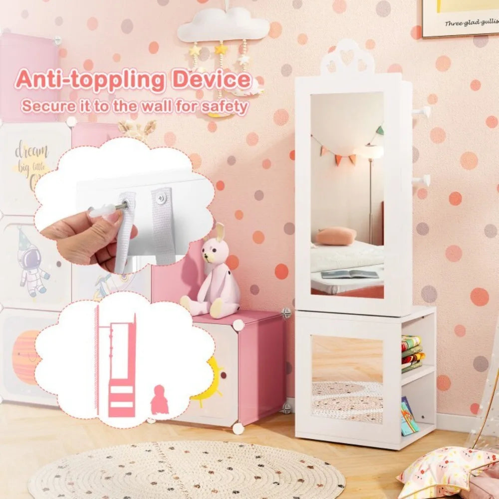 3-in-1 Kids Freestanding Jewelry Organizer Cabinet Armoire w/Full Length Mirror