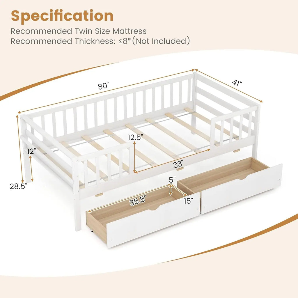 Wood Twin Bed Frame with Fence Rails, 2 Drawers & Side Shelf, No Box Spring Needed, Solid Wood Slats Daybed for Kids and Teens (