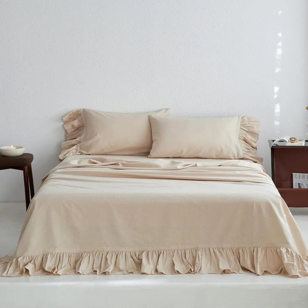 Belgian Linen Sheet Set with Long Ruffles 4pcs (1 Flat Sheet, 1 Fitted Sheet & 2 Pillowcases) Solid Shabby Vintage Chic Country