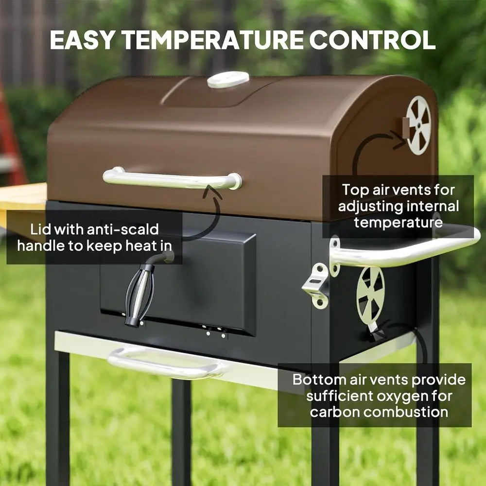 Charcoal BBQ Grill, Outdoor Portable Cooker for Camping or Backyard Picnic, Barbecue Grill with Side Table, Bottom Storage Shelf