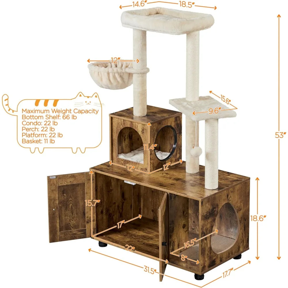 All-in-One Indoor Cat Litter Box Enclosure with Tree, Scratching Posts, and Wooden Furniture for Kittens