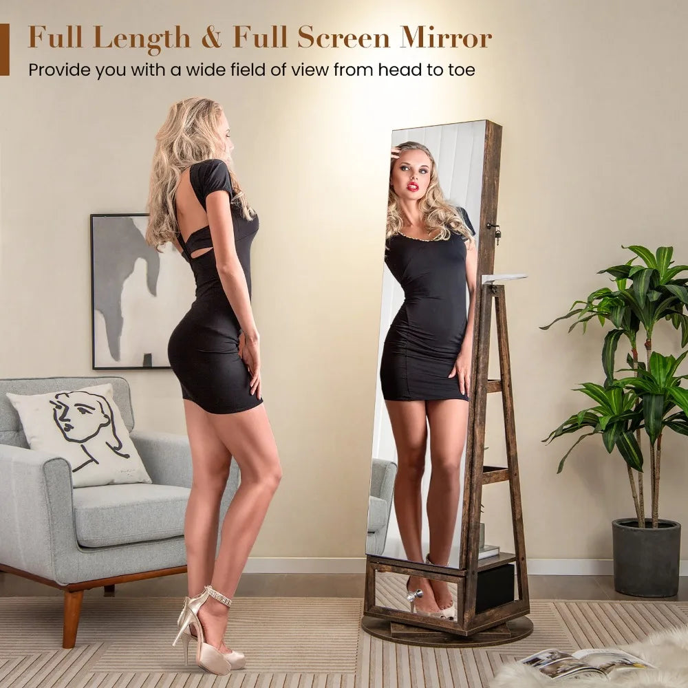 360° Swivel Jewelry Cabinet Full Length Mirror w/Built-in Lights Rustic Brown