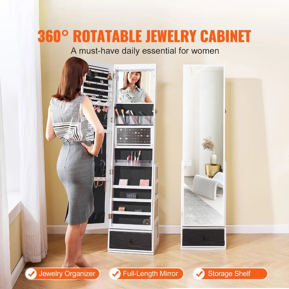 Mirror Jewelry Cabinet 360° Swivel Standing Mirror with Storage White