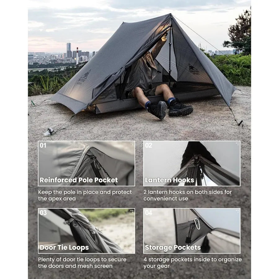 Backpacking Tent Waterproof Windproof 2 Person Tent 20D SILCoated Nylon Single Layer Ultralight 3 Season Tent for Cam
