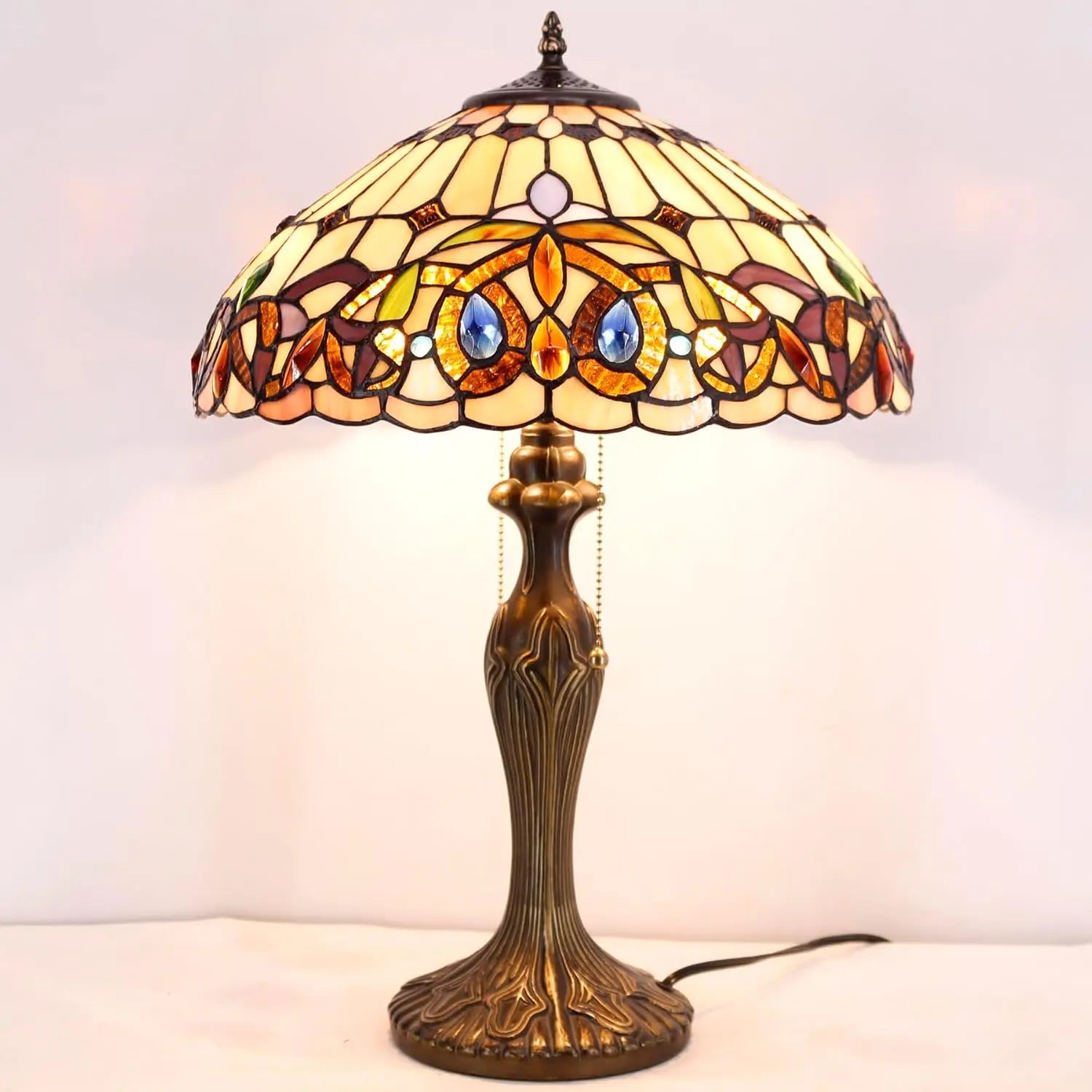 Tiffany Style Table Lamp with Colorful Stained Glass, Victorian Design for Bedroom or Living Room, 16x16x24 Inches