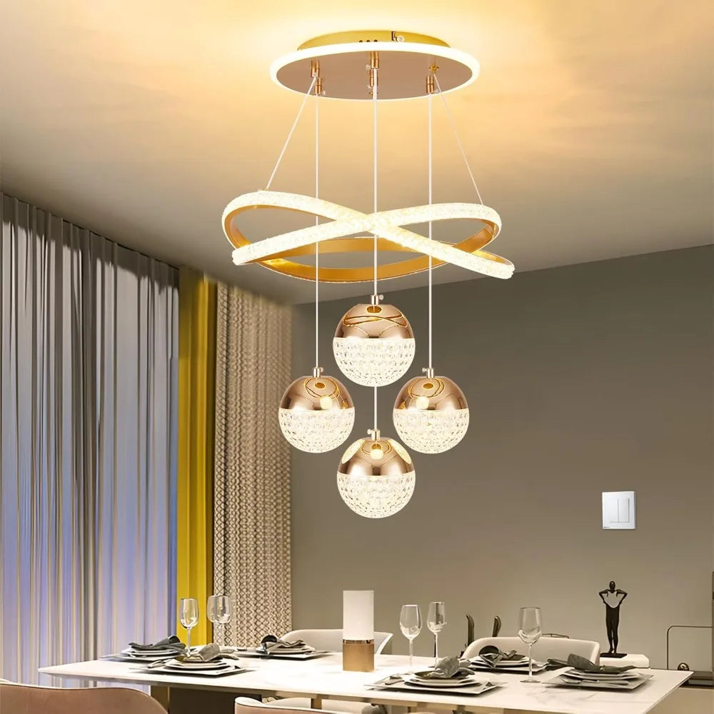Modern Gold LED Chandelier, 3-Color Dimmable Pendant Light for Kitchen Island, Dining Room, Living Room