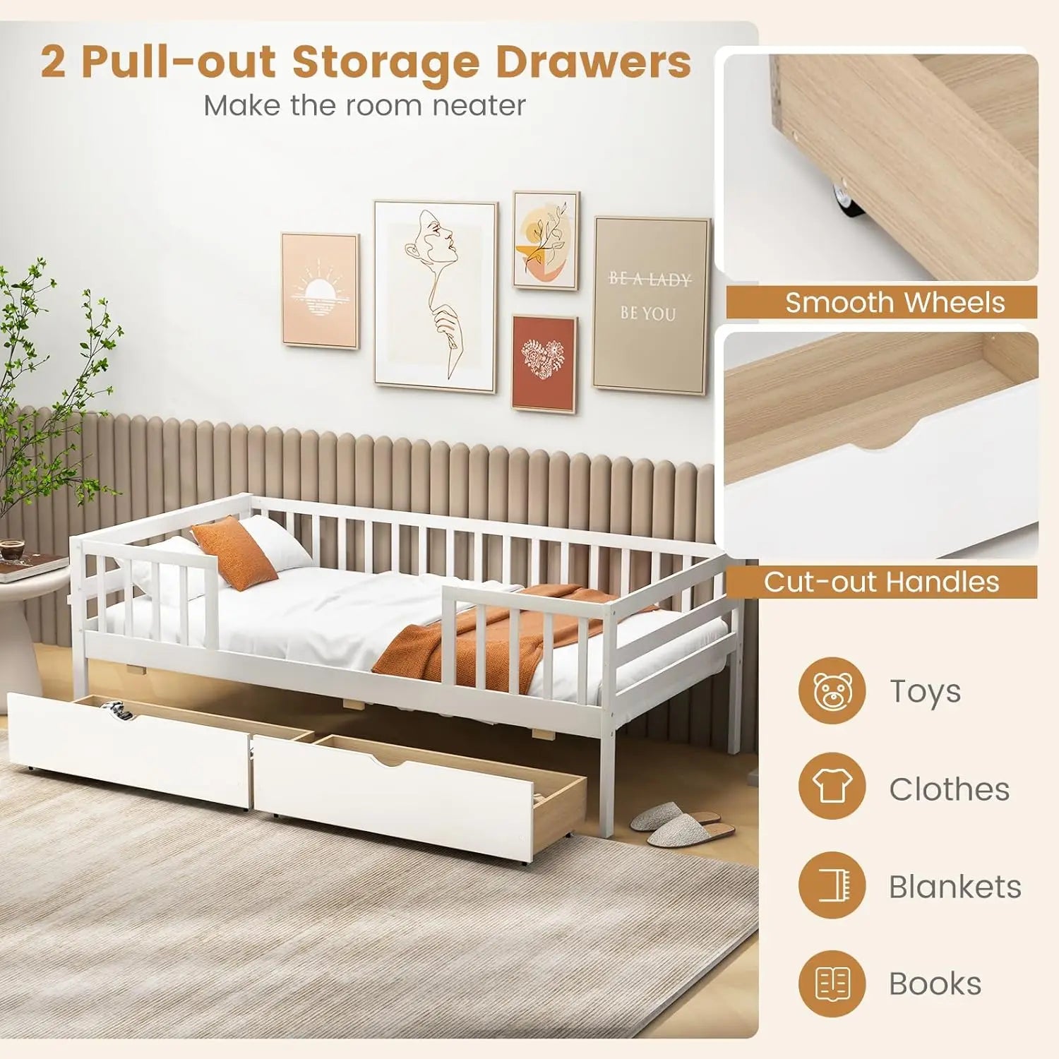 Wood Twin Bed Frame with Fence Rails, 2 Drawers & Side Shelf, No Box Spring Needed, Solid Wood Slats Daybed for Kids and Teens (