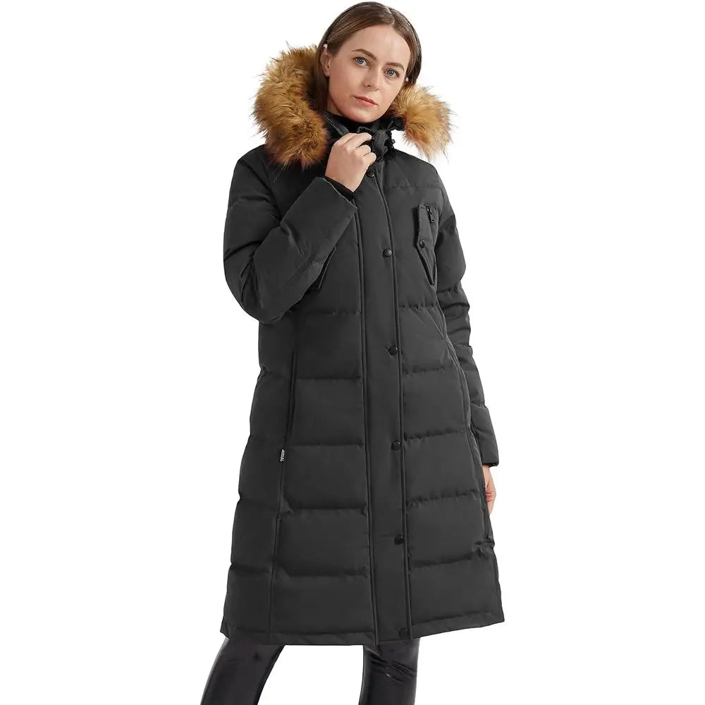 Women's Down Jacket Winter Long Coat Windproof Puffer Jacket with Fur Hood