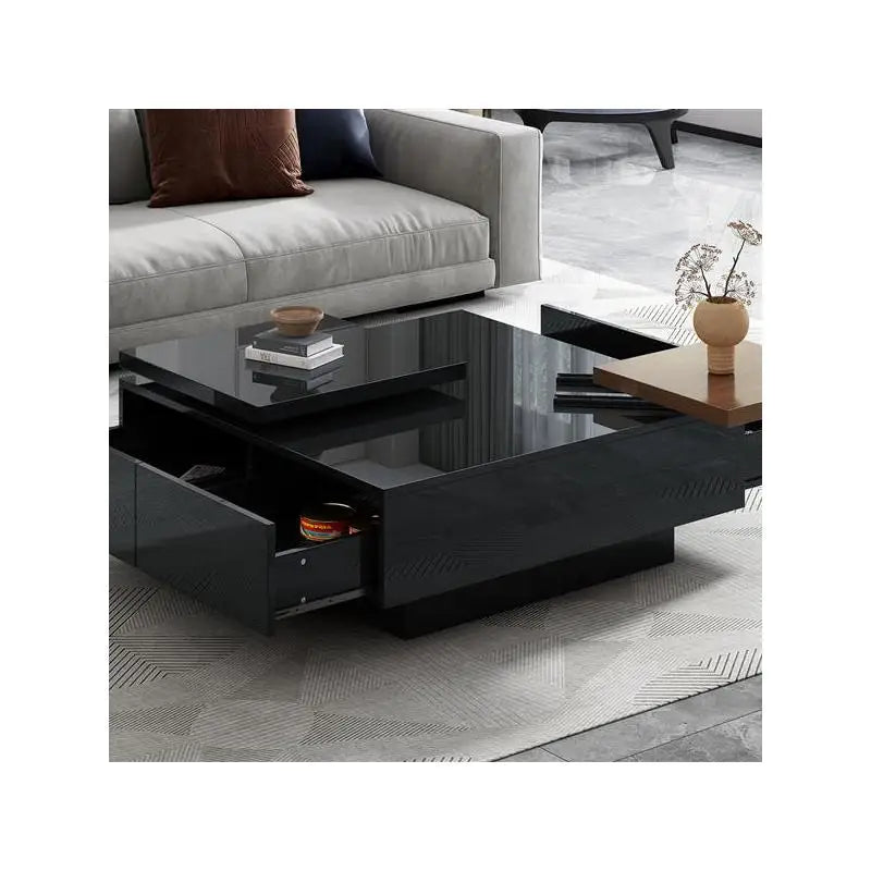 Modern Square Coffee Table with High Gloss Finish, Movable Design, 4 Hidden Storage Drawers for Living Room