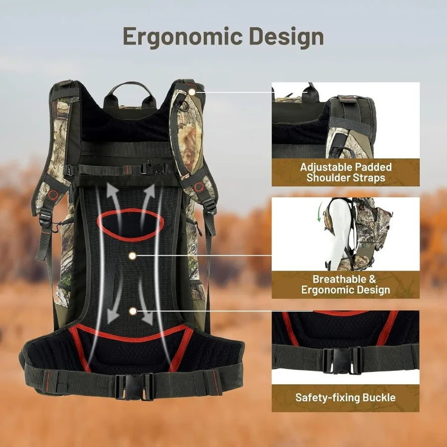 TR Hunting Backpack 3400cuWaterproof Hunting Pack with Rifle Holder Internal Frame Rain Cover Camo Hunting Daypack for Rifle Bo