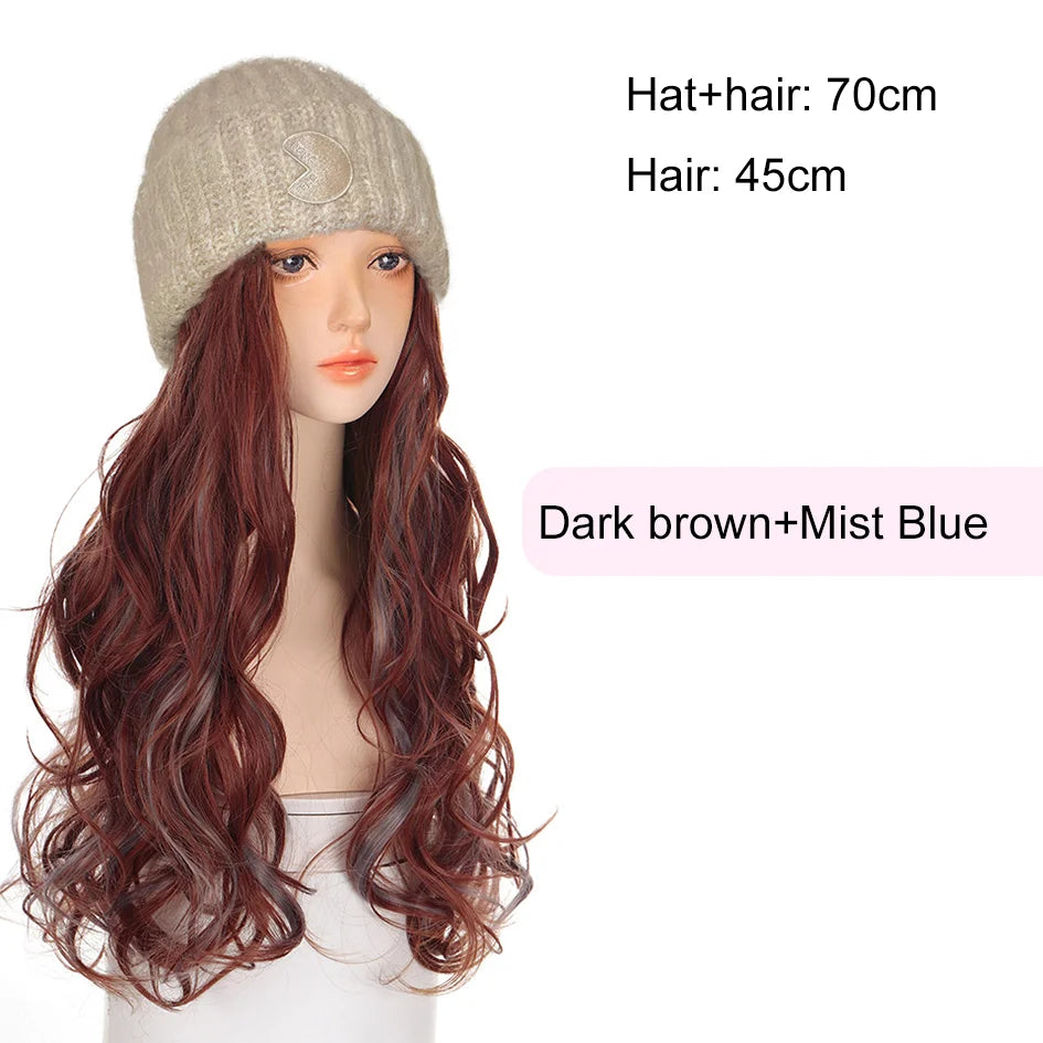 Synthetic 18 inch knitted hat with long curly hair hat wig, wavy wig, winter wig, beige/blue/coffee knitted hat Christmas outfit