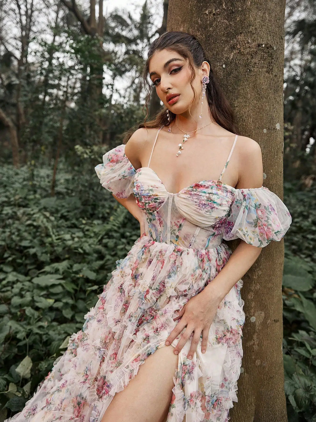 Off Shoulder Floral Ruffle Maxi Dress with High Slit for Summer Events and Formal Occasions