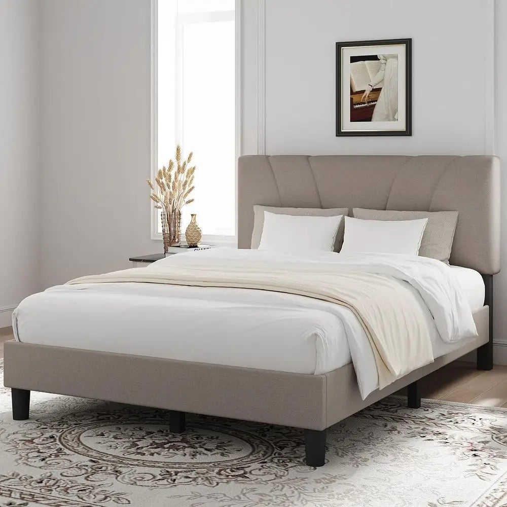 Queen Size Bed Frame with Upholstered Headboard, Wood Slat Support, No Box Spring Needed, Heavy Duty, Easy Assembly, Beige
