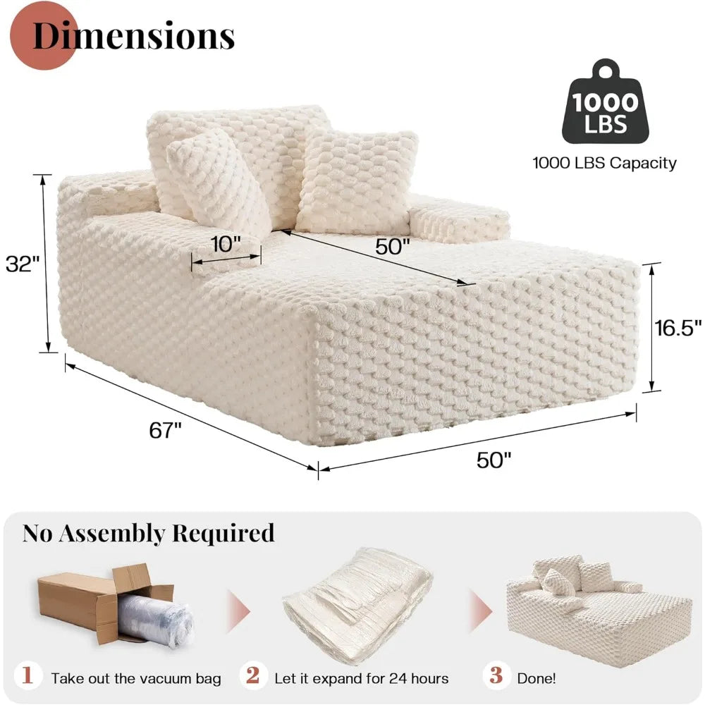 67 Chaise Lounge Sofa, Faux Fur Sleeper Chaise with Armrests and Throw Pillows, No-Assembly Couch for Living Room or Apartment.