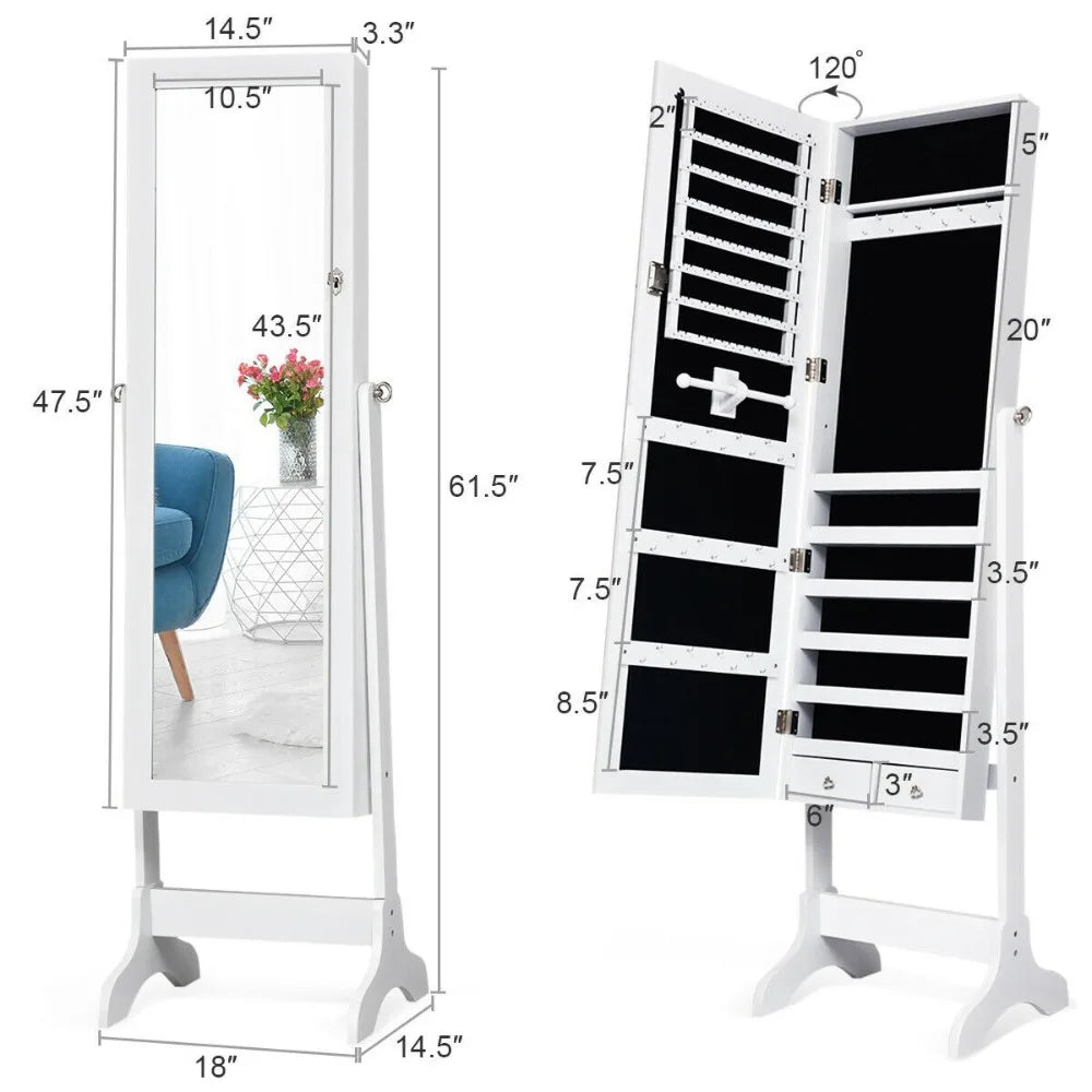 4 Tilting Position Jewelry Organizer Vanity Box w/ Full Length Mirror White