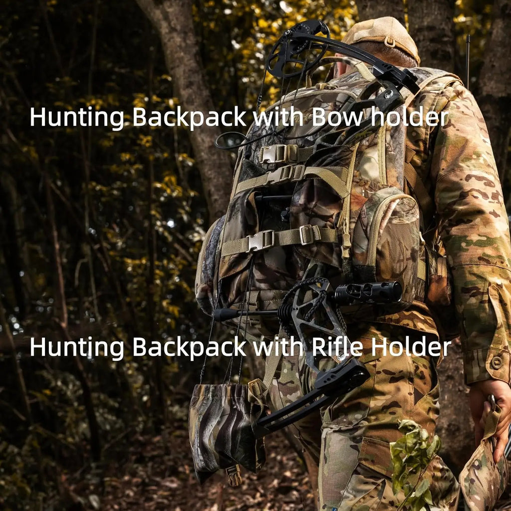 Hunting Backpack with Rifle Bow Holder 31L - Silent Anti Glare Hunt Day Pack with Quick Access, One Size Fits Most Camo