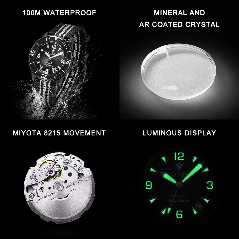 CADISEN Deep Explorer Automatic Mechanical Watch Man Canvas Strap Wristwatch MIYOTA 8215 Luxury Luminous 100M Waterproof Watches