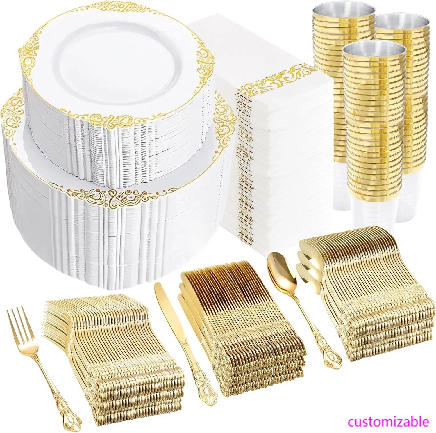 700PCS Gold Plastic Dinnerware Set - White and Gold Disposable Plates for 100 Guest - 200 Disposable Plates, 300 Heavy Duty