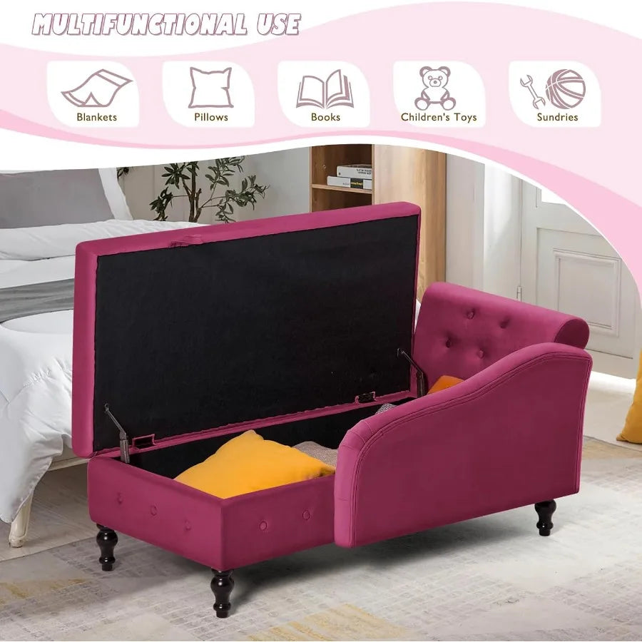 Modern Fuchsia Velvet Chaise Lounge with Left Armrest and Builtin Storage Space Button Tufted Upholstered Lounge Chair with Lum