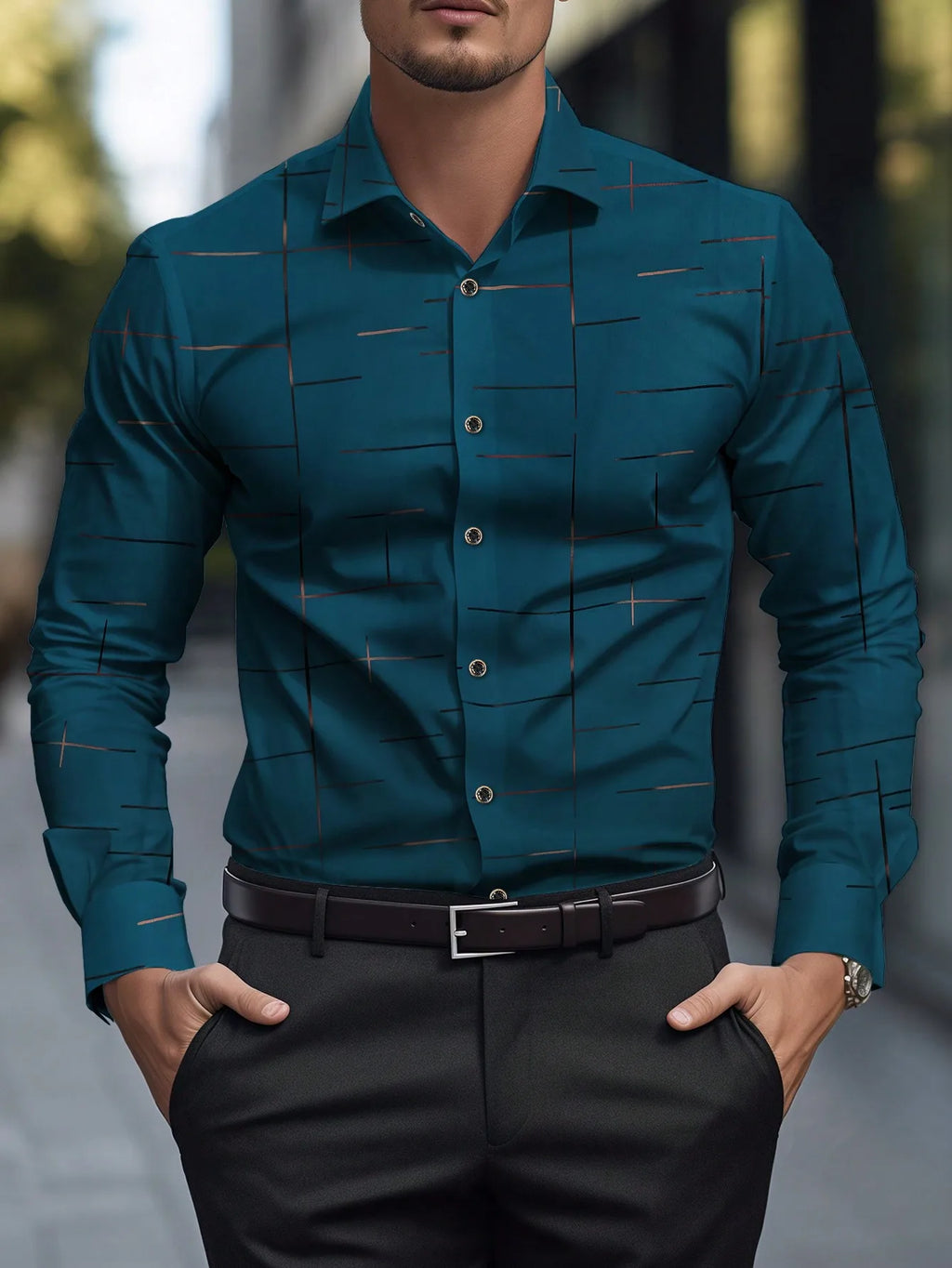 Teal Geometric Print Long Sleeve Casual Shirt for Men, Fall Wear