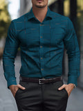 Teal Geometric Print Long Sleeve Casual Shirt for Men, Fall Wear