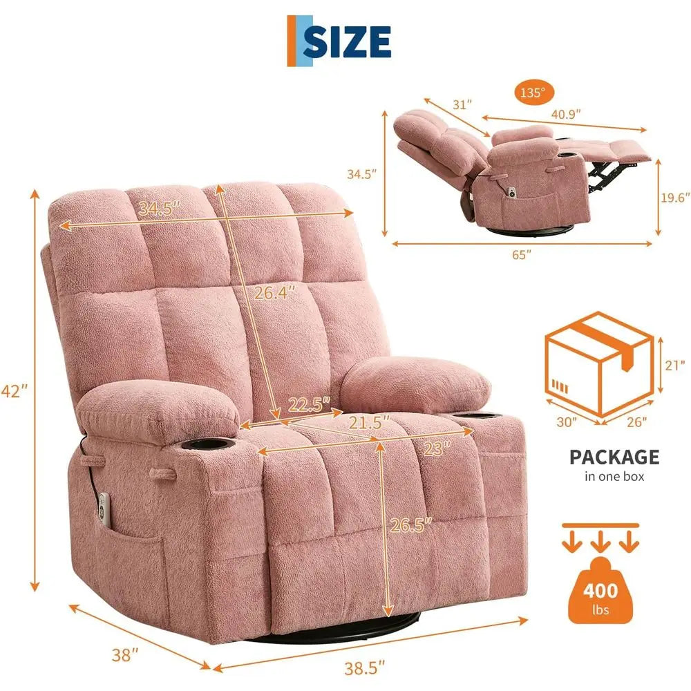Massage Recliner Chair with Heat, Manual Swivel Rocker Recliner with Vibration Massage, Side kets & Cup Holders, Rocking Reclini