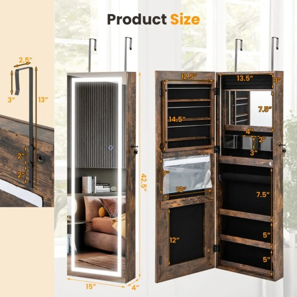 Lockable Jewelry Mirror Cabinet Wall & Door Mounted Jewelry Armoire W/LED Lights