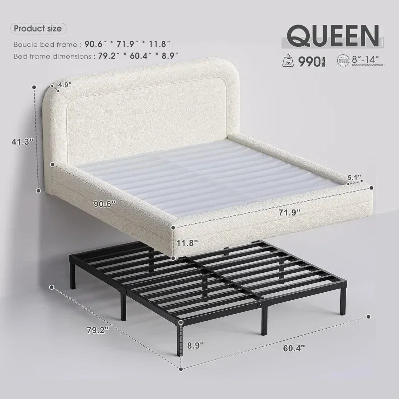 Bed Frame with Headboard, Upholstered Cloud Bed Frame, Anti-Collision Soft Rounded Corners, Boucle Platform Bed for Customized