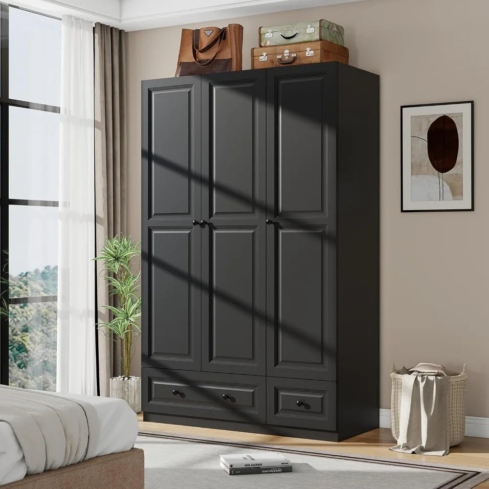 Wardrobe Closet with Drawers: 74" Black Tall Wooden Wardrobe Closet for Hanging Clothes, Large Bedroom Armoires with 2 Drawers
