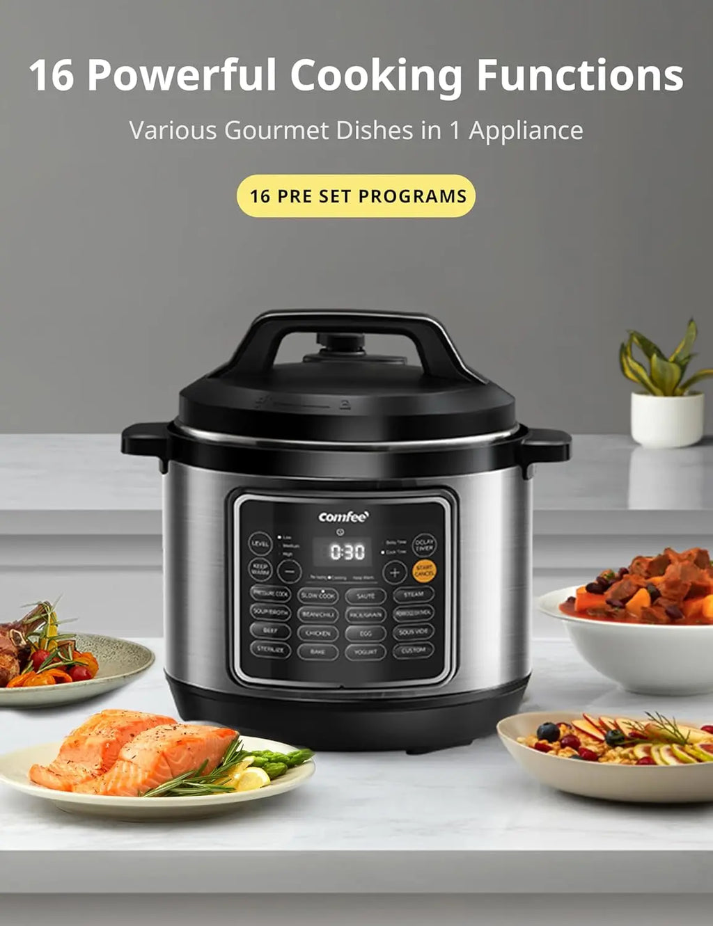 COMFEE’ Pressure Cooker 8 Quart with 16 Cooking Functions, Olla de Presion Non-Stick Pot Yogurt Maker Rice Cooker Slow Cooker