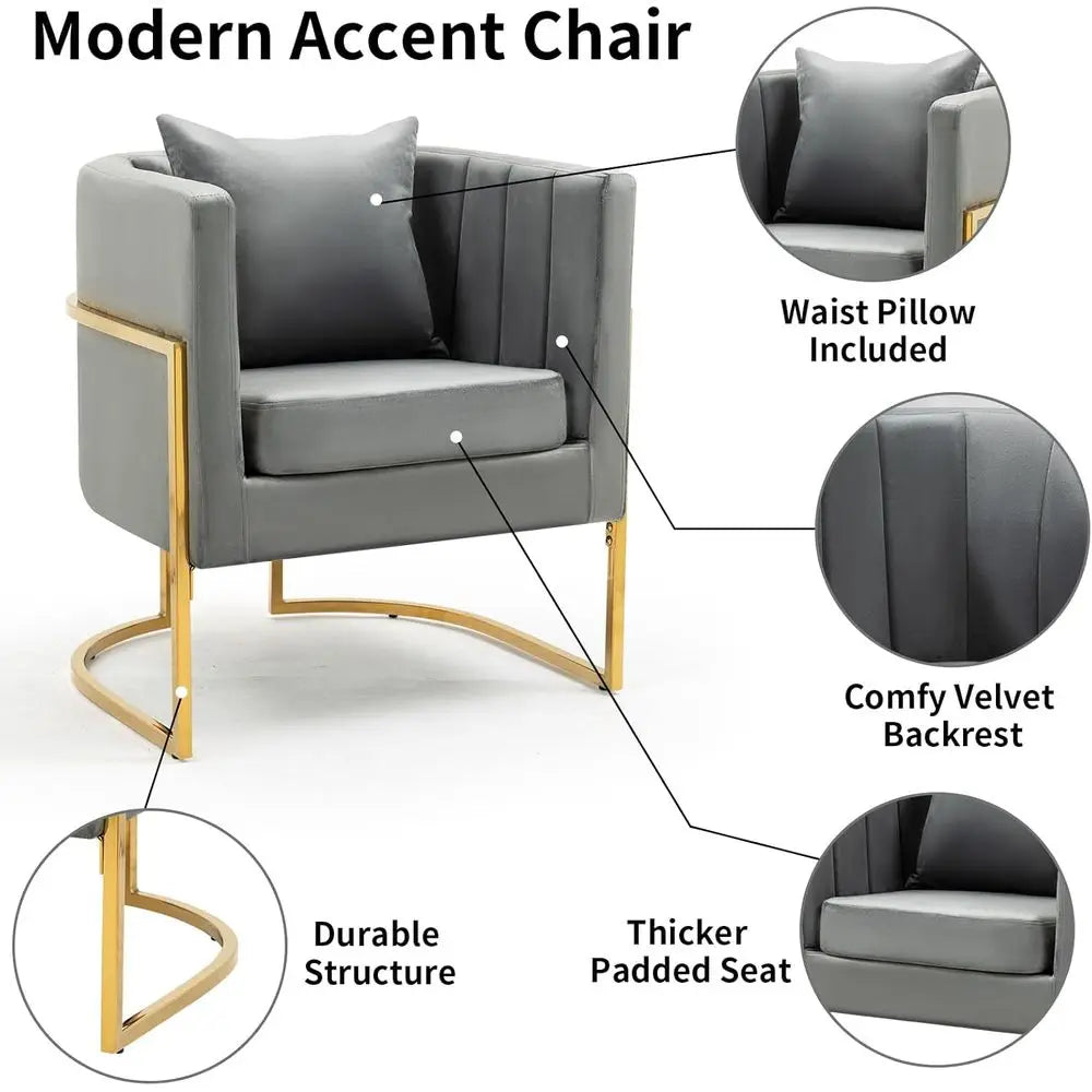 Mid-Century Modern Accent Chairs Set of 2, Grey Upholstered Barrel Armchairs with Gold Metal Legs for Living Room & Bedroom Comf