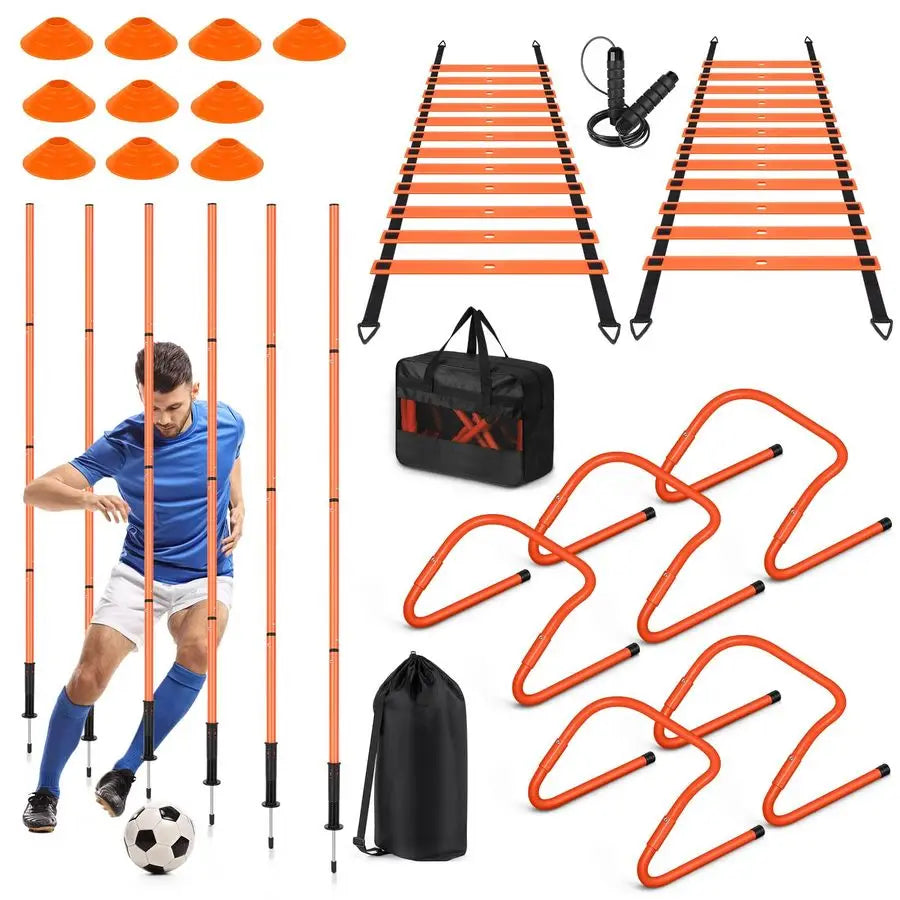 Agility Training Equipment 5 Adjustable Hurdles, 6 Soccer Agility Poles, 2 Agility Ladder, 10 Cones, Jump Rope
