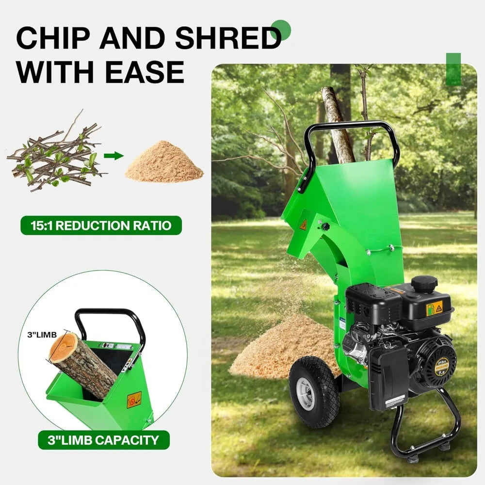 Wood Chipper Shredder, 7HP 212cc Gas Powered Heavy Duty, 3" Max Wood Diameter Capacity, 15: 1 Reduction Ratio
