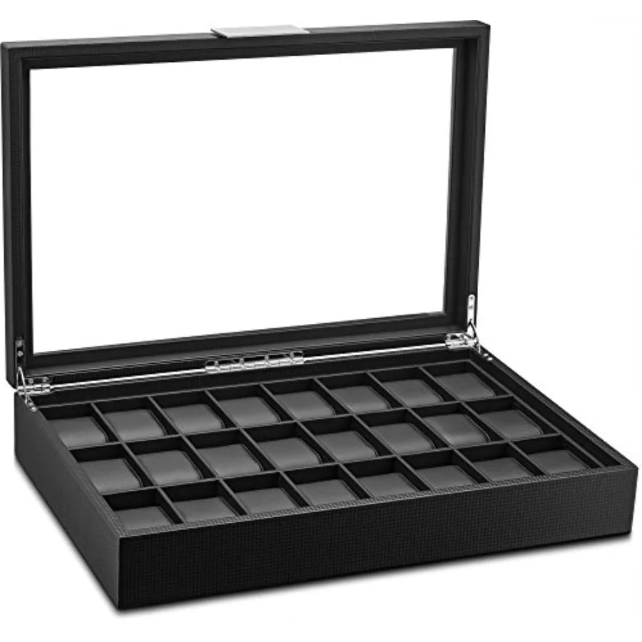 Watch Box for Men - 24 Slot Flat Luxury Display Case Organizer Carbon Fiber Design for Mens Jewelry Watches Men's Storage Ho