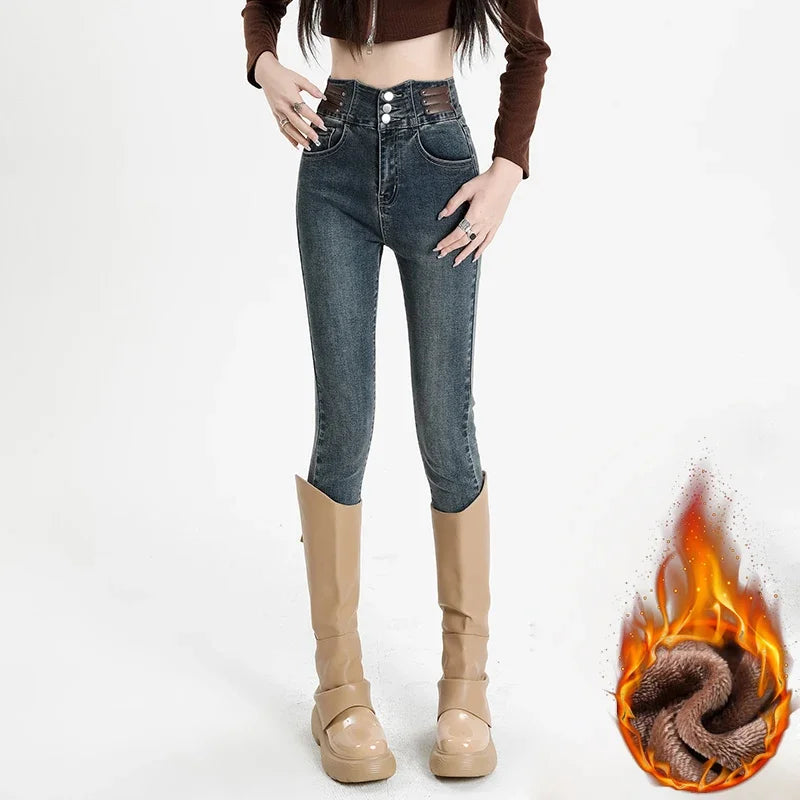 Winter Warm Jeans Women's Fleece Thickened Stretch Skinny Pencil Pants High Waist Slim Fashion Korean velvet Jeans Black Blue